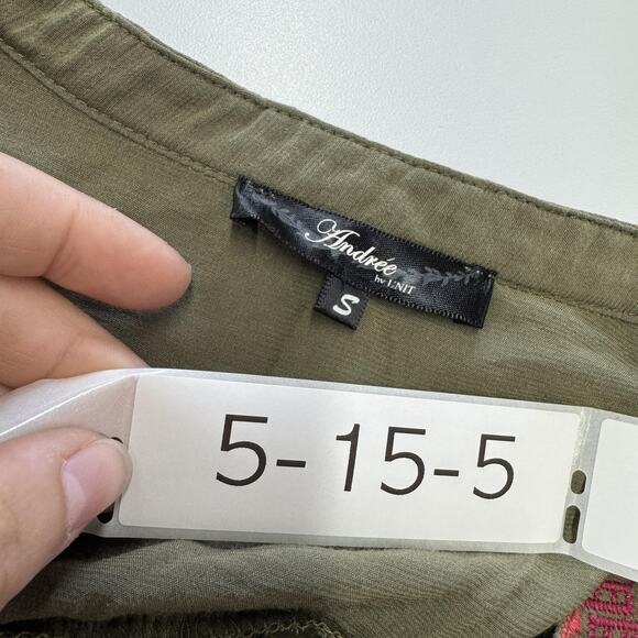 Andree Shirt Womens Small Green Embroidered Boho Floral Tunic Asymmetrical Top - Picture 3 of 6